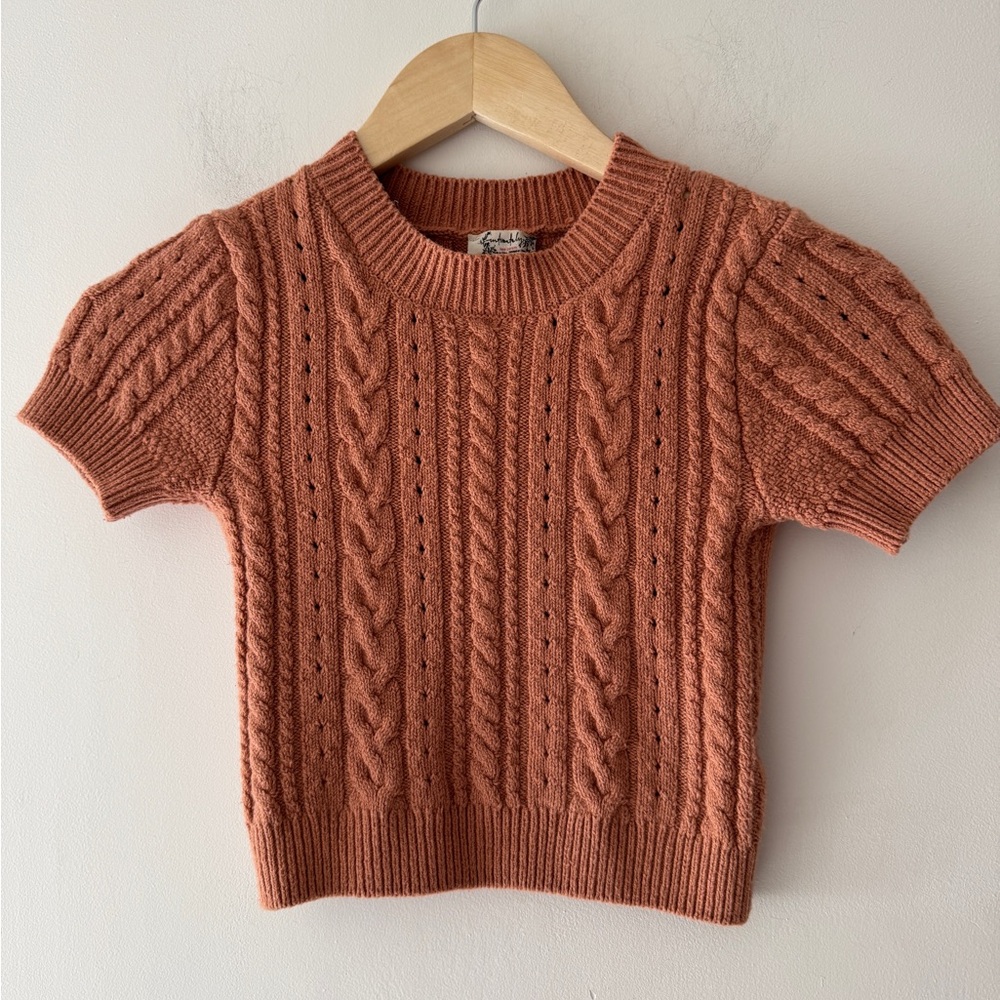 Free People Intimately Brown Cropped Short Sleeve Cable Knit Sweater